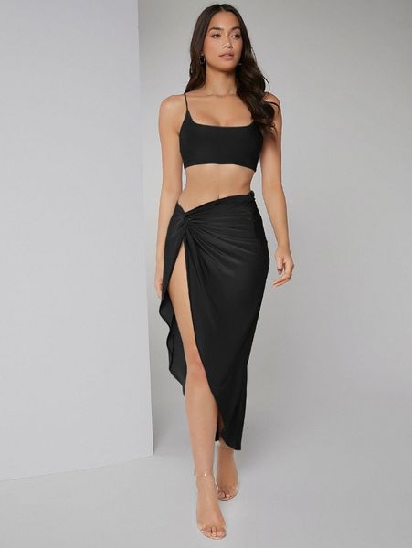 solid crop cami & twist waist skirt set p2tm#, White