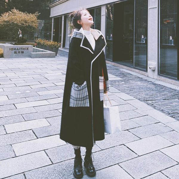 women's wool & blends fashion casual women jacket plaid pockets single breasted long england style korean coats, Black
women's wool & blends fashion casual women jacket plaid pockets single breasted long england style korean coats, Black