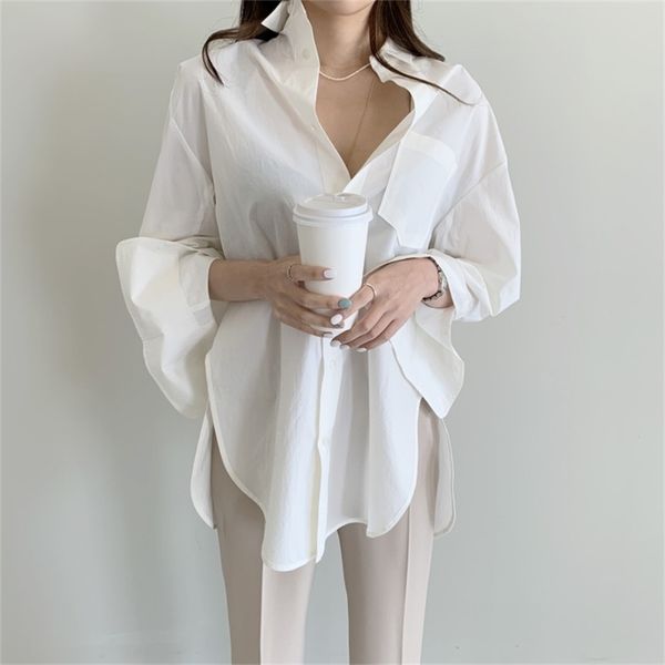 women light green flare sleeve blouse turndown collar long shirt femme high waist dress shirts 210603, White
women light green flare sleeve blouse turndown collar long shirt femme high waist dress shirts 210603, White