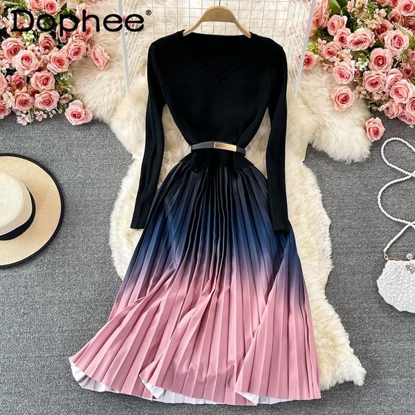casual dresses 2021 autumn v-neck slim fit slimming knitted stitching pleated maxi dress women elegant high waisted gradient color swing, Black;gray
casual dresses 2021 autumn v-neck slim fit slimming knitted stitching pleated maxi dress women elegant high waisted gradient color swing, Black;gray