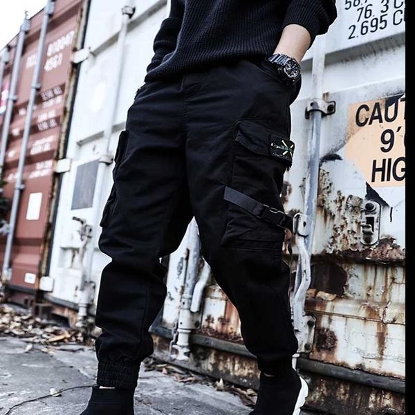 men's hip-hop jogger black harem pants multi-pocket ribbon sports street clothing