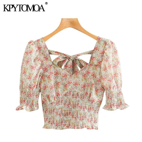 women sweet fashion printed ruffled cropped blouses vintage backless bow tie elastic hem female shirts chic 210420, White
women sweet fashion printed ruffled cropped blouses vintage backless bow tie elastic hem female shirts chic 210420, White