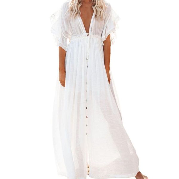 women's summer beach dress cover up knot single breasted waist pumping smock backless robe sun proof female maxi swimwear, White;black
women's summer beach dress cover up knot single breasted waist pumping smock backless robe sun proof female maxi swimwear, White;black
