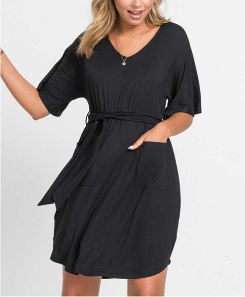 solid dresses women's casual elastic waistband oversize pocket drs, Black;gray
