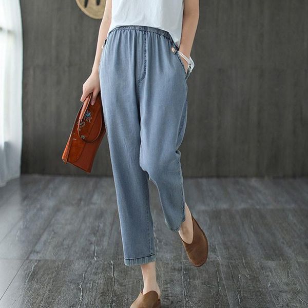 simple casual pockets elastic waist denim pants 2021 summer autumn women ankle-length long trousers women's jeans, Blue
simple casual pockets elastic waist denim pants 2021 summer autumn women ankle-length long trousers women's jeans, Blue