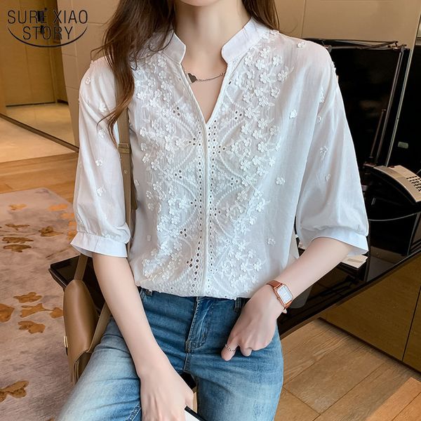 short sleeve women shirt embroidery white v-neck lantern irregular cotton female ol blouse blusas 14204 210508
short sleeve women shirt embroidery white v-neck lantern irregular cotton female ol blouse blusas 14204 210508