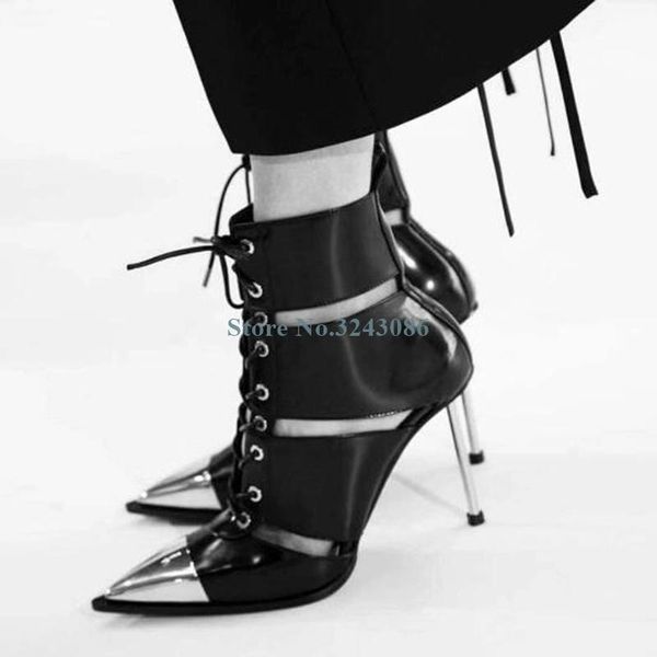 black leather pointed toe hollow out lace up sandals boots rivet metal thin high heel cross tied motorcycle
black leather pointed toe hollow out lace up sandals boots rivet metal thin high heel cross tied motorcycle