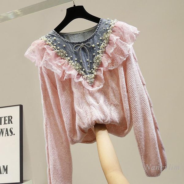 women's sweaters knit woman handmade beaded denim stitching round collar gauze ruffles pullover casual loose sweater girls lady, White;black
women's sweaters knit woman handmade beaded denim stitching round collar gauze ruffles pullover casual loose sweater girls lady, White;black
