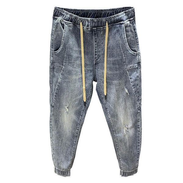 men's jeans summer 2021 drawstring denim pants handsome trousers trendy brand feet harem broken pencil thin holes, Blue
men's jeans summer 2021 drawstring denim pants handsome trousers trendy brand feet harem broken pencil thin holes, Blue
