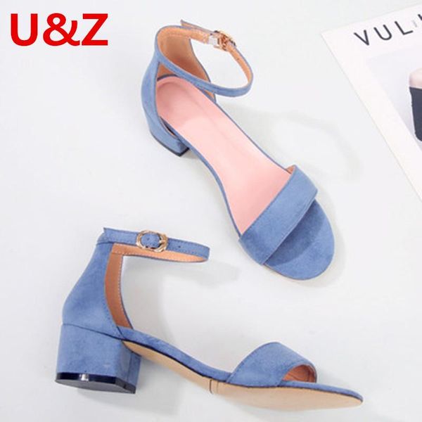 sandals suede leather women heels for teenagers girls,blue/black one strap buckle low comfy students