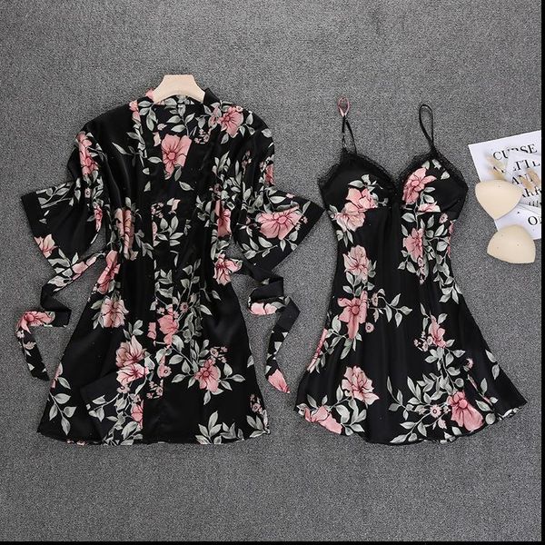 black spring 2pcs robe women sleepwear suit casual home wear pajamas strap nightwear sleep kimono bath gown sets, Black;red
black spring 2pcs robe women sleepwear suit casual home wear pajamas strap nightwear sleep kimono bath gown sets, Black;red