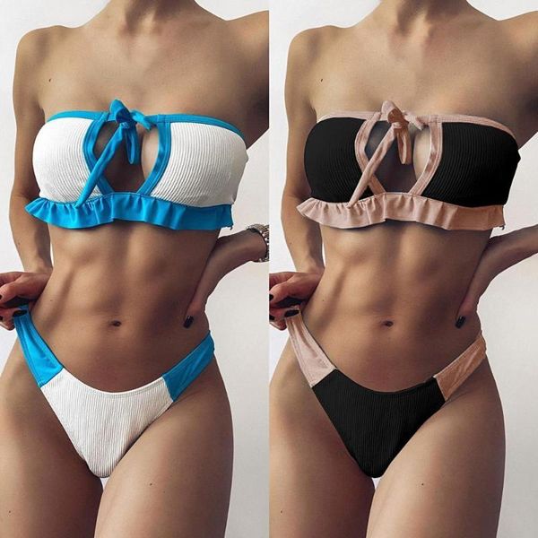 women's swimwear women ruffle hollow out bra tube briefs color block bikini set for beach, swimming pool, White;black
women's swimwear women ruffle hollow out bra tube briefs color block bikini set for beach, swimming pool, White;black