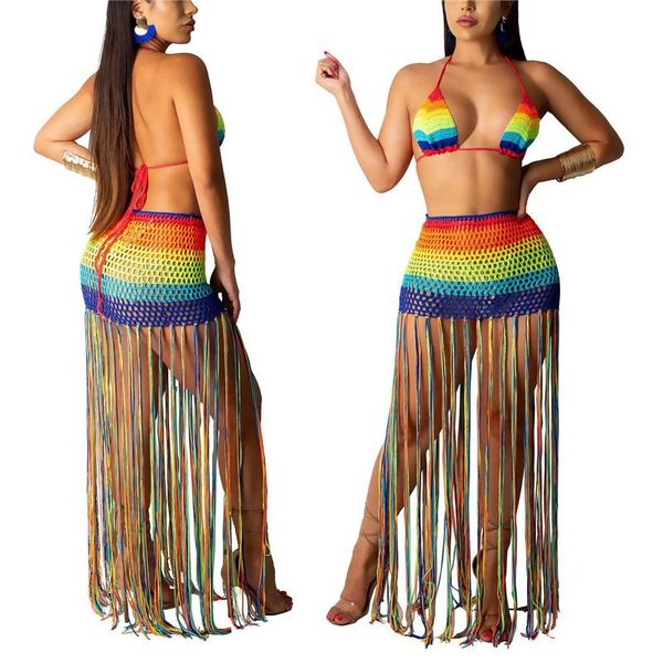 women's swimwear 2pcs women beach outfit rainbow crochet lacing halter neck backless + high-waist tassels skirt for girls, White;black
women's swimwear 2pcs women beach outfit rainbow crochet lacing halter neck backless + high-waist tassels skirt for girls, White;black