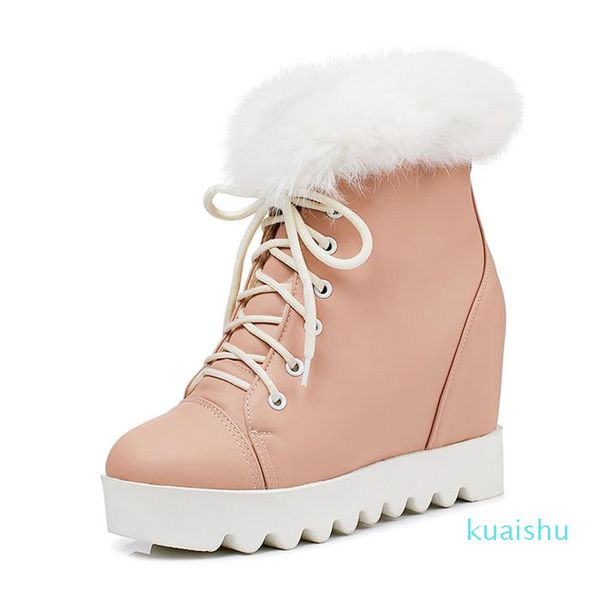 boots snow ankle winter plush women platform wedge heel real furlace up high short apricot, Black