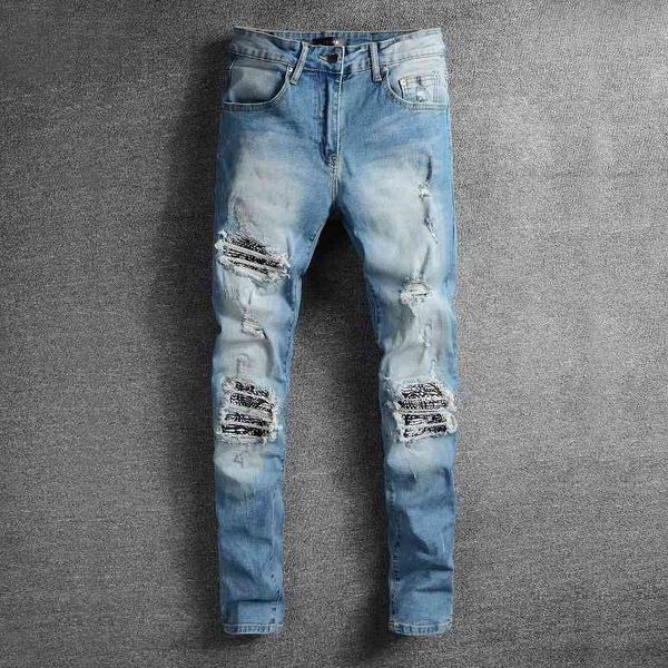brand 665 tide high street personalized beggar patch pants locomotive am elastic slim fit jeans stitching contrast color, Blue
brand 665 tide high street personalized beggar patch pants locomotive am elastic slim fit jeans stitching contrast color, Blue