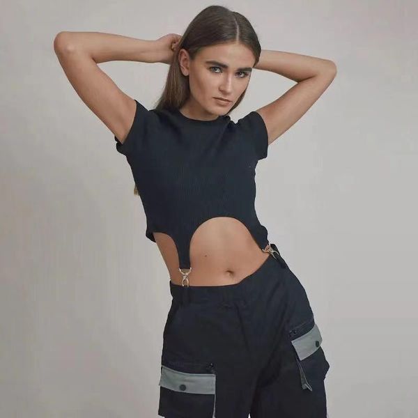women's slim versatile french round neck solid color high waist t-shirt open navel hollow short sleeve, White
women's slim versatile french round neck solid color high waist t-shirt open navel hollow short sleeve, White