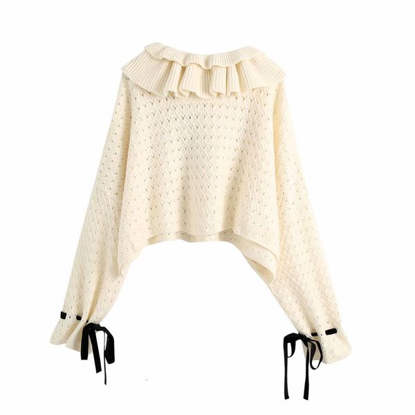 sweaters round neck long sleeve women's solid color fashion hollow out ruffle short knitting sweater retro female chic, White;black
sweaters round neck long sleeve women's solid color fashion hollow out ruffle short knitting sweater retro female chic, White;black