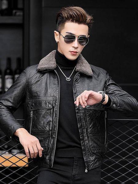 men's leather & faux genuine clothes mens sheepskin fashion winter down jacket motorcycle lapel coat, Black
men's leather & faux genuine clothes mens sheepskin fashion winter down jacket motorcycle lapel coat, Black