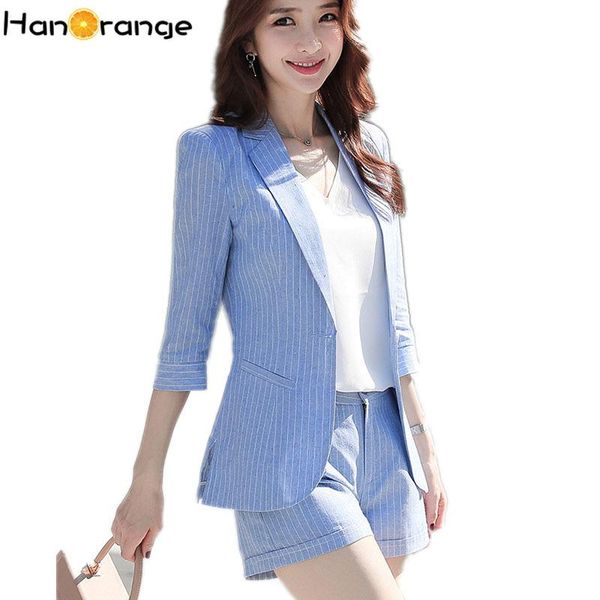 two piece dress casual 3 quarter sleeve pinstriped short suits office lady fashion single button summer women shorts set, White
two piece dress casual 3 quarter sleeve pinstriped short suits office lady fashion single button summer women shorts set, White