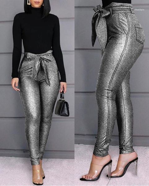 women shiny high waist belted glittering pants skinny casual pencil pants1, Black;white
women shiny high waist belted glittering pants skinny casual pencil pants1, Black;white