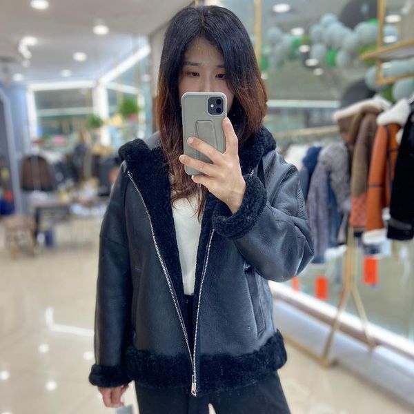 women's fur & faux winter sheepskin coat women hooded jacket fashion casual shearling outwear genuine wool overcoat high quality, Black
women's fur & faux winter sheepskin coat women hooded jacket fashion casual shearling outwear genuine wool overcoat high quality, Black