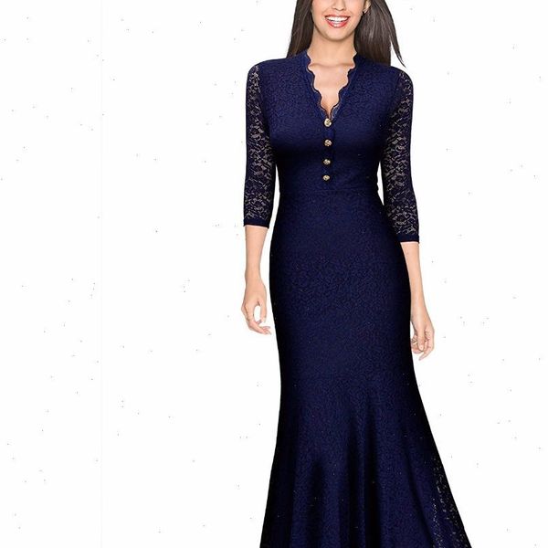 womens retro women dresses v neck floral 2 3 sleeve wedding party maxi dress long evening lace, Black;gray 
womens retro women dresses v neck floral 2 3 sleeve wedding party maxi dress long evening lace, Black;gray