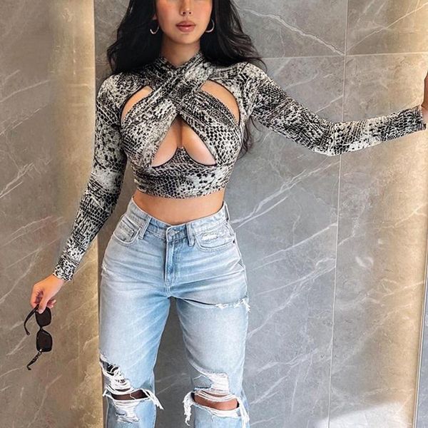women's t-shirt women autumn tank snake print cross halter neck long skeeve close-fitting crop lady party club streetwear, White
women's t-shirt women autumn tank snake print cross halter neck long skeeve close-fitting crop lady party club streetwear, White