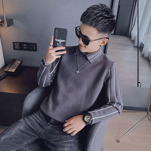 autumn and winter men's korean version of the net red fake two-piece sweater personality trend handsome social guy lapel knit bo sweate, White;black
autumn and winter men's korean version of the net red fake two-piece sweater personality trend handsome social guy lapel knit bo sweate, White;black