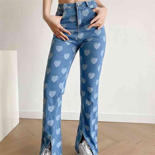 spring jeans loose mid-rise carefully printed split 210524, Blue