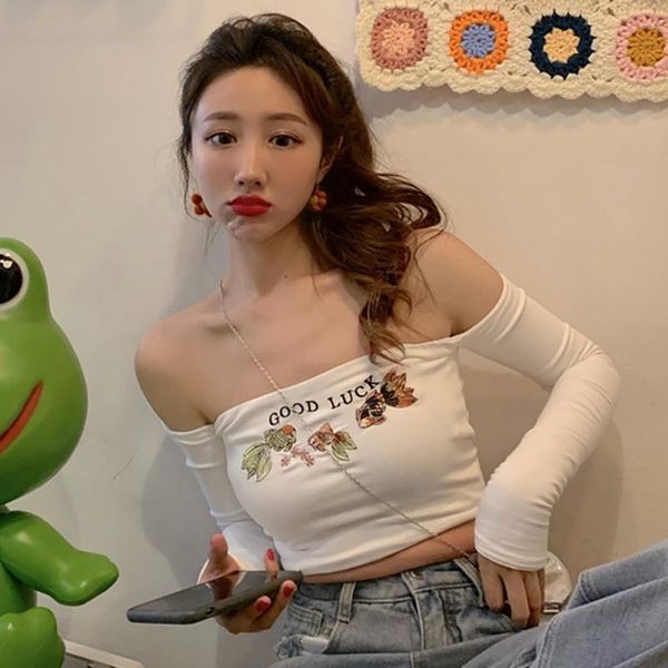 women's clothes basic tee off shoulder slash neck t-shirt long sleeve koi fish embroidery crop casual clubwear, White
women's clothes basic tee off shoulder slash neck t-shirt long sleeve koi fish embroidery crop casual clubwear, White