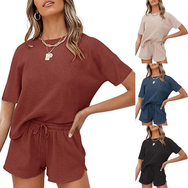 spring and summer short sleeve two piece threaded sport crew neck casual home wear solid female running sets, Black;blue
spring and summer short sleeve two piece threaded sport crew neck casual home wear solid female running sets, Black;blue