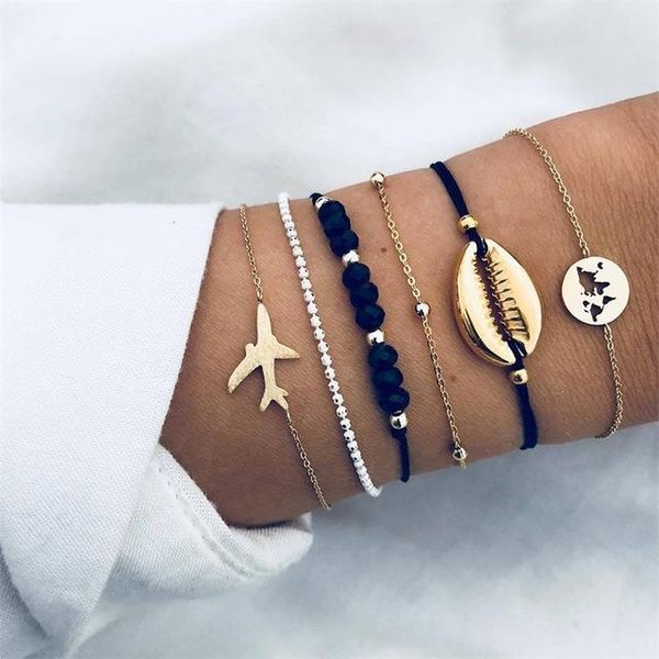 link, chain european and american fashion shell plane map bead personality trend bracelet jewelry six-piece, Black
link, chain european and american fashion shell plane map bead personality trend bracelet jewelry six-piece, Black
