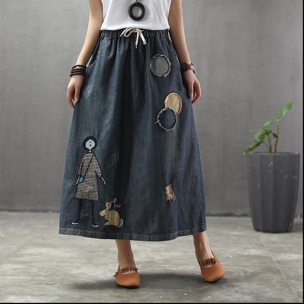 plus size women skirts cartoon embroidery denim vintage art ripped oversized female elastic high waist long maxi jeans skirt, Black
plus size women skirts cartoon embroidery denim vintage art ripped oversized female elastic high waist long maxi jeans skirt, Black