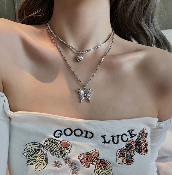 love butterfly necklace european and american girls accessories double layer hip hop with clavicle chain, Silver
love butterfly necklace european and american girls accessories double layer hip hop with clavicle chain, Silver