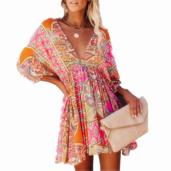 women's swimwear bohemian women dress v-neck print dresses womens summer sundress sleeve backless adjust waist beach cover up, White;black
women's swimwear bohemian women dress v-neck print dresses womens summer sundress sleeve backless adjust waist beach cover up, White;black
