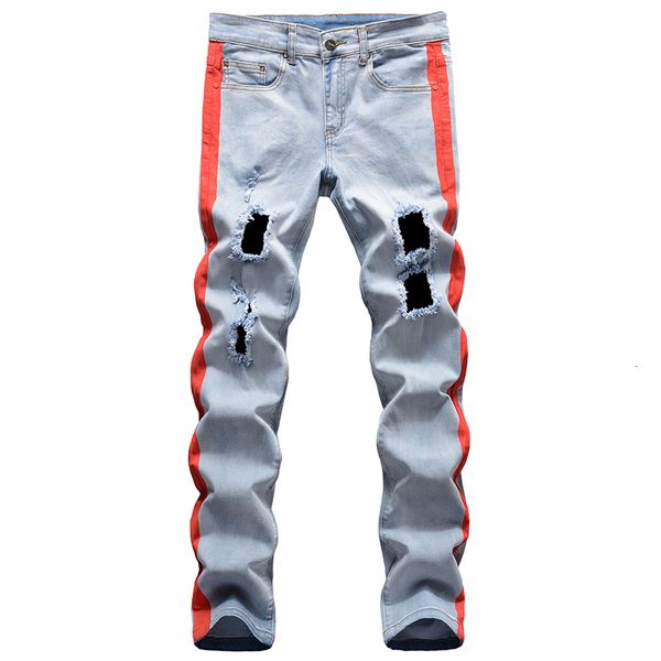 fashion jeans men's stretch denim ripped stripe lines printed holes distressed slim straight pants trousers male 9077, Blue
fashion jeans men's stretch denim ripped stripe lines printed holes distressed slim straight pants trousers male 9077, Blue