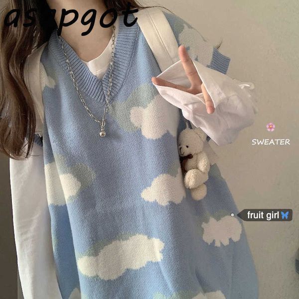 3style chic contrast color blue sky white clouds sleeveless vest sweaters women loose autumn v neck knitted print japan 210610
3style chic contrast color blue sky white clouds sleeveless vest sweaters women loose autumn v neck knitted print japan 210610