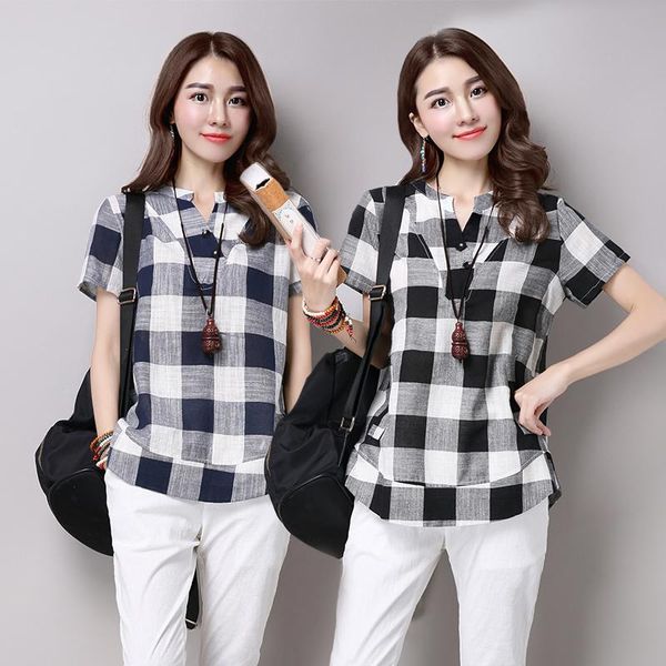 women's blouses & shirts ladies 2021 summer autumn stripe cotton women v neck short sleeve plaid blouse female navy loose casual plus s, White
women's blouses & shirts ladies 2021 summer autumn stripe cotton women v neck short sleeve plaid blouse female navy loose casual plus s, White