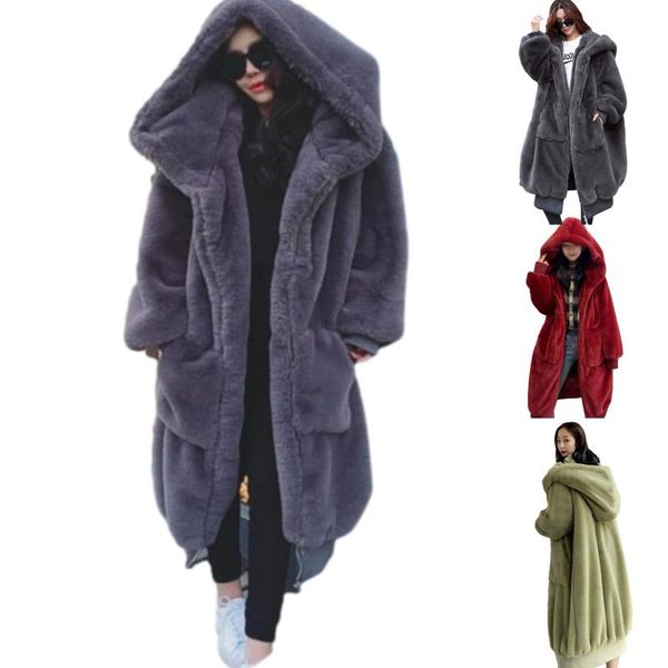 women's fur & faux imitation rex long hooded coat women teddy winter jacket, Black