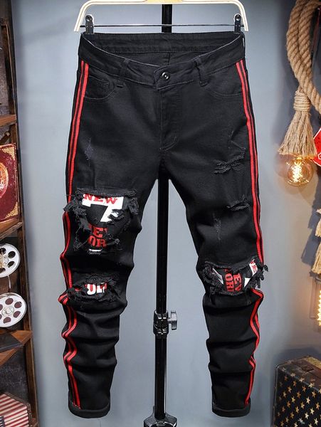 men ripped frayed rag stitching contrast tape side jeans j4gf#, Blue
men ripped frayed rag stitching contrast tape side jeans j4gf#, Blue