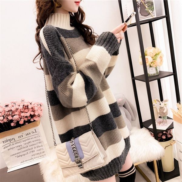 thickened half high neck sweater women's pullover 2021 autumn winter new stripe loose lazy wind ins super fire top, White;black
thickened half high neck sweater women's pullover 2021 autumn winter new stripe loose lazy wind ins super fire top, White;black