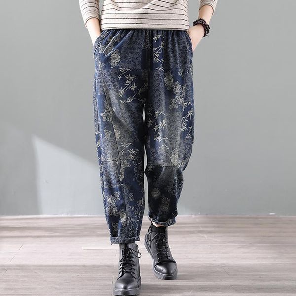 women's jeans vintage printed women 2021 spring autumn elastic waist loose casual harem pants denim trousers, Blue
women's jeans vintage printed women 2021 spring autumn elastic waist loose casual harem pants denim trousers, Blue