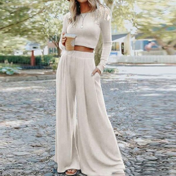 women's two piece pants women casual knitted rib two-piece sets ladies o-neck long sleeves and wide leg suit elegant solid leisure out, White
women's two piece pants women casual knitted rib two-piece sets ladies o-neck long sleeves and wide leg suit elegant solid leisure out, White