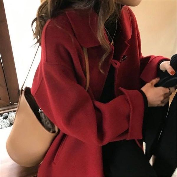 women's wool & blends autumn and winter 2021 ox horn button coat red double-sided cashmere woolen medium long korean tweed, Black
women's wool & blends autumn and winter 2021 ox horn button coat red double-sided cashmere woolen medium long korean tweed, Black