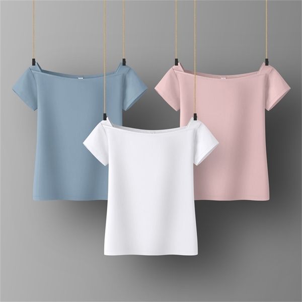 women soft cotton t-shirt slash neck solid color lady tees short sleeve summer women's clothings all match female t-shirts 210708, White
women soft cotton t-shirt slash neck solid color lady tees short sleeve summer women's clothings all match female t-shirts 210708, White