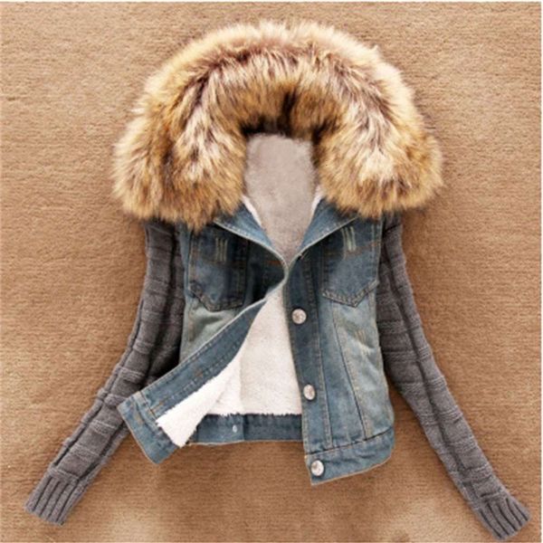 autumn and winter large wool collar sleeve denim jacket short plush thickened cotton jacket size, Black;brown
autumn and winter large wool collar sleeve denim jacket short plush thickened cotton jacket size, Black;brown