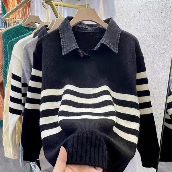 women's sweaters autumn and winter wear stripe retro loose languid lazy style cowboy collar false two long-sleeved sweater, White;black
women's sweaters autumn and winter wear stripe retro loose languid lazy style cowboy collar false two long-sleeved sweater, White;black