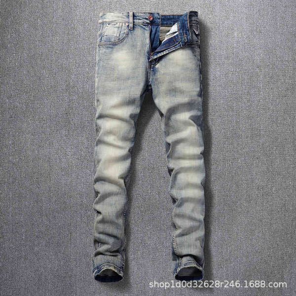 fashion jeans men's washed and worn yellow micro elastic slim small straight pants, Blue
fashion jeans men's washed and worn yellow micro elastic slim small straight pants, Blue