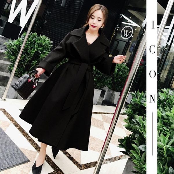 women's wool & blends autumn/winter coat high imitation clothing and blend outerwear turn down collar with belt long jacket 5087, Black
women's wool & blends autumn/winter coat high imitation clothing and blend outerwear turn down collar with belt long jacket 5087, Black