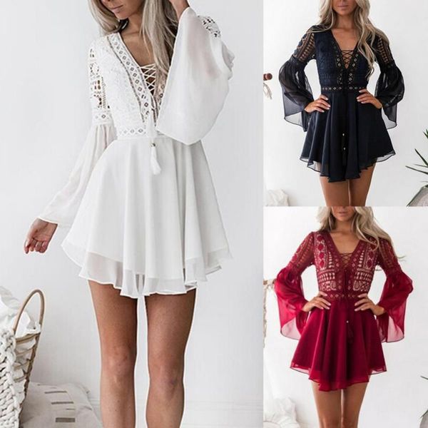 casual dresses chiffon dress women mini v neck long flared sleeve crochet hollow out bandage, Black;gray
casual dresses chiffon dress women mini v neck long flared sleeve crochet hollow out bandage, Black;gray